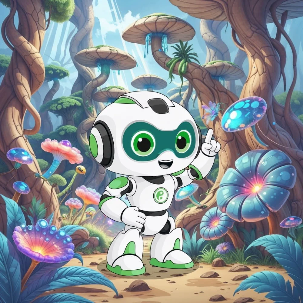 Harmony standing in a colorful, fantastical forest filled with oversized bioluminescent mushrooms and twisted, tall trees.