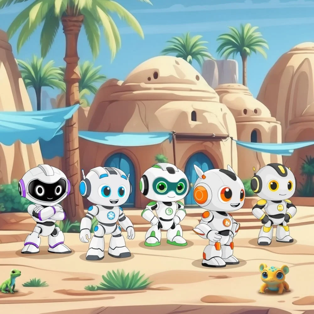 The Astralbots visiting Oasis City, in a scene from "The Dusty Desert Dash".
