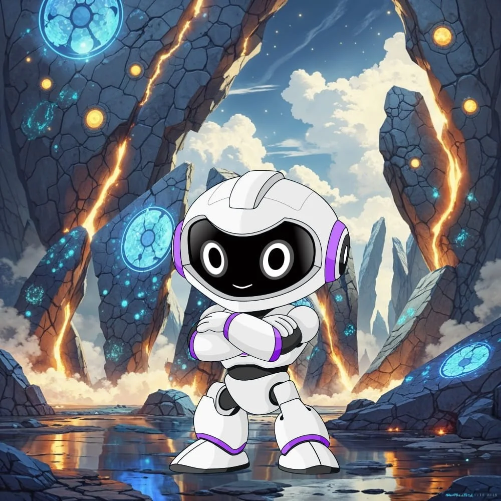 Quantum stands with crossed arms in front of a mystical rocky landscape with glowing blue symbols and fiery cracks in rocks, under a cloudy sky.