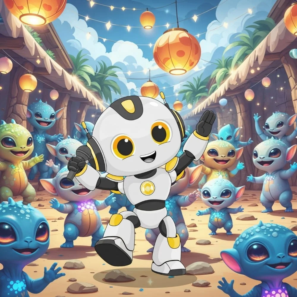Tempo dancing among cheerful aliens at a festive outdoor gathering decorated with lanterns, string lights, palm trees, and a bright sky.