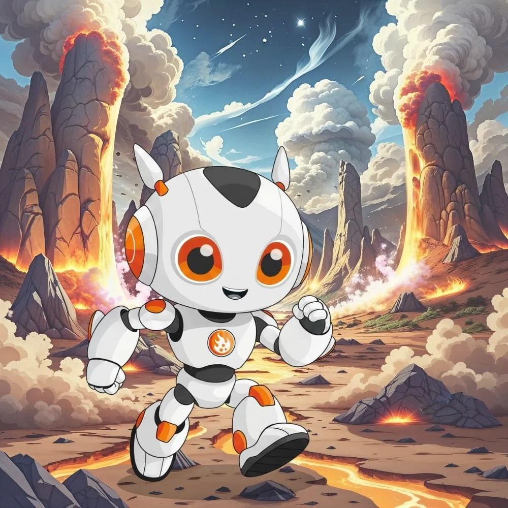 Kinetic running through a volcanic landscape with erupting volcanoes, ash clouds, and flowing lava, under a starry sky.
