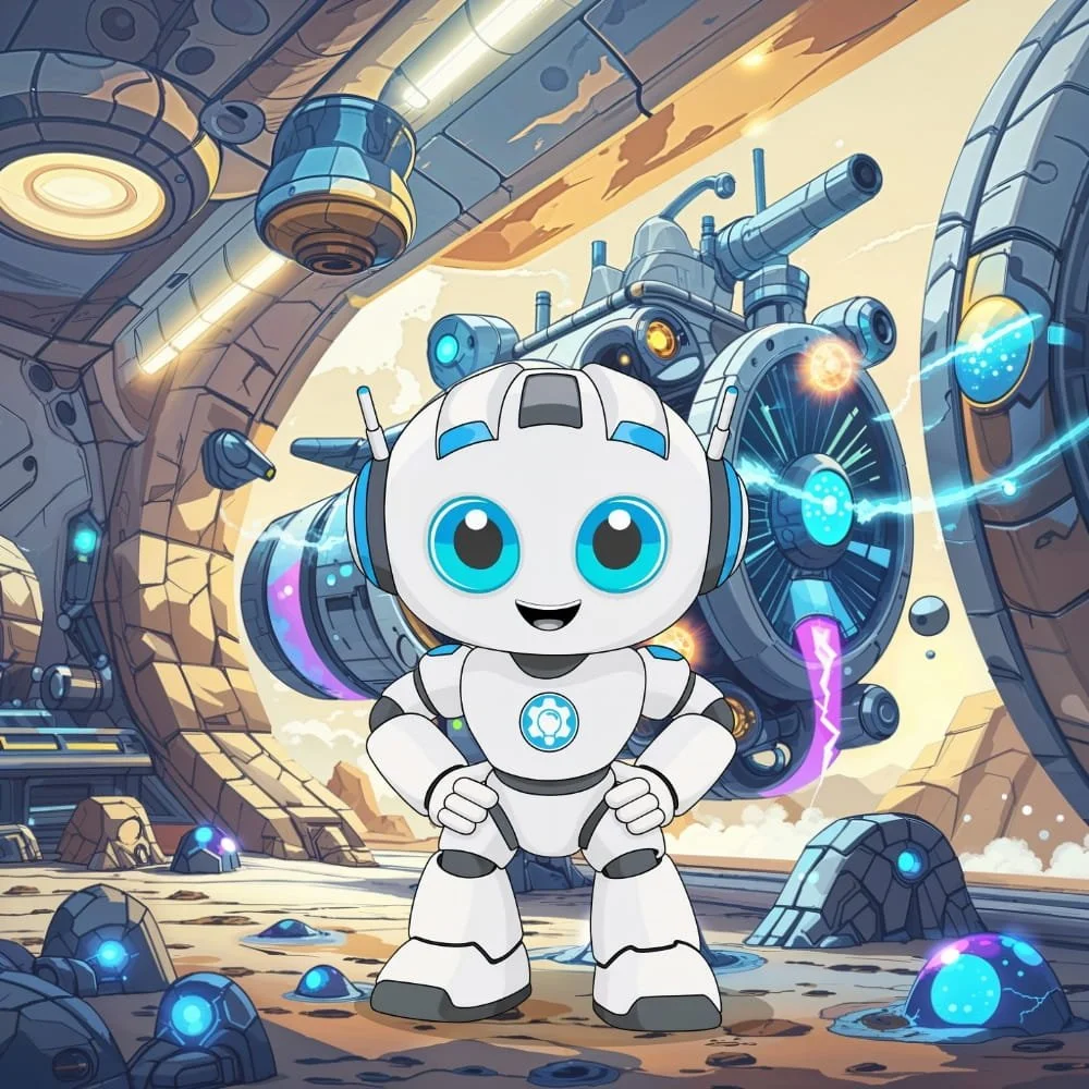Dynamo, standing with her hands on her hips, standing in front of machinery, and a futuristic, glowing engine.