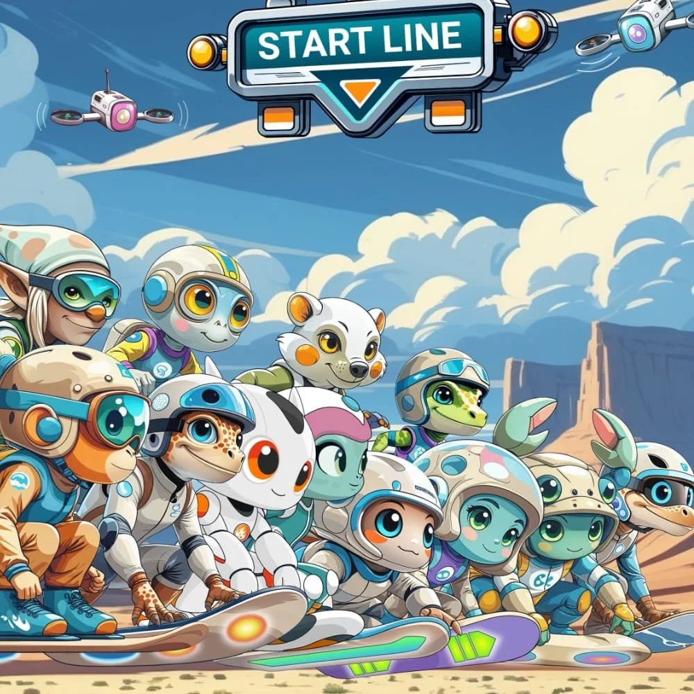 Getting ready at the starting line for Sandoon's famous intergalactic hoverboard race, "The Desert Dash".