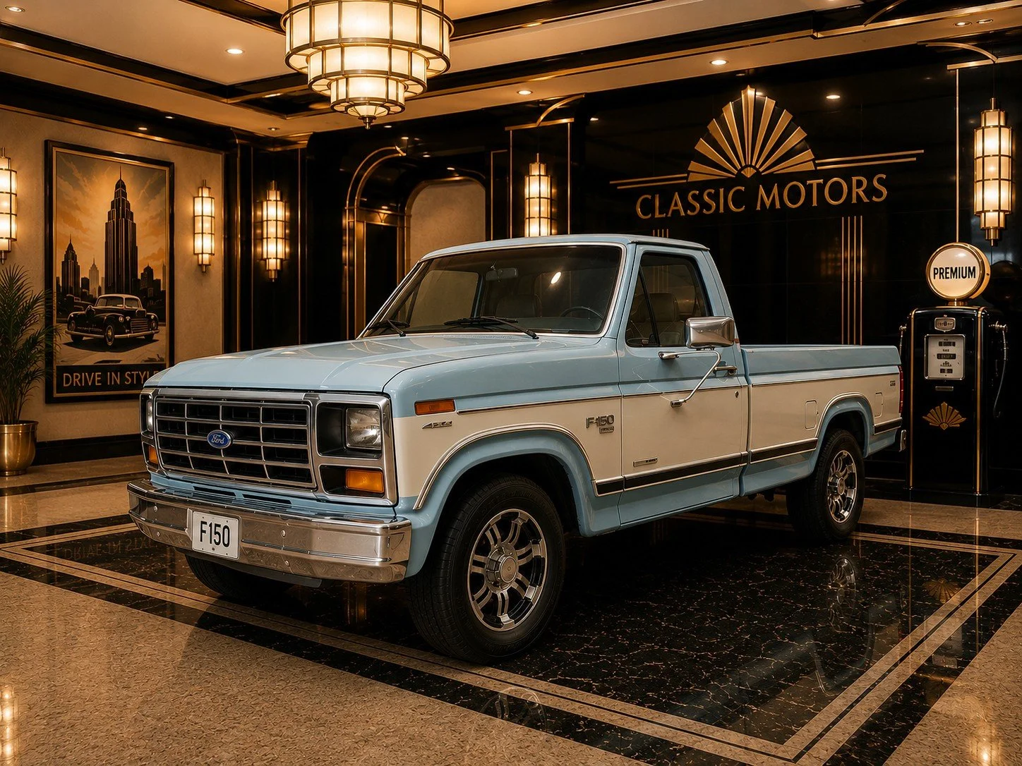 A vintage Ford F-150 pickup truck in a showroom labeled 'Classic Motors' with Art Deco lighting and decor, and a retro gas pump in the background.