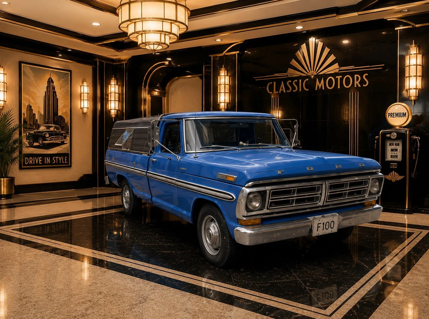 Vintage blue Ford F-100 truck displayed in a classic car showroom with black and gold decor, retro lighting, and a vintage gas pump.