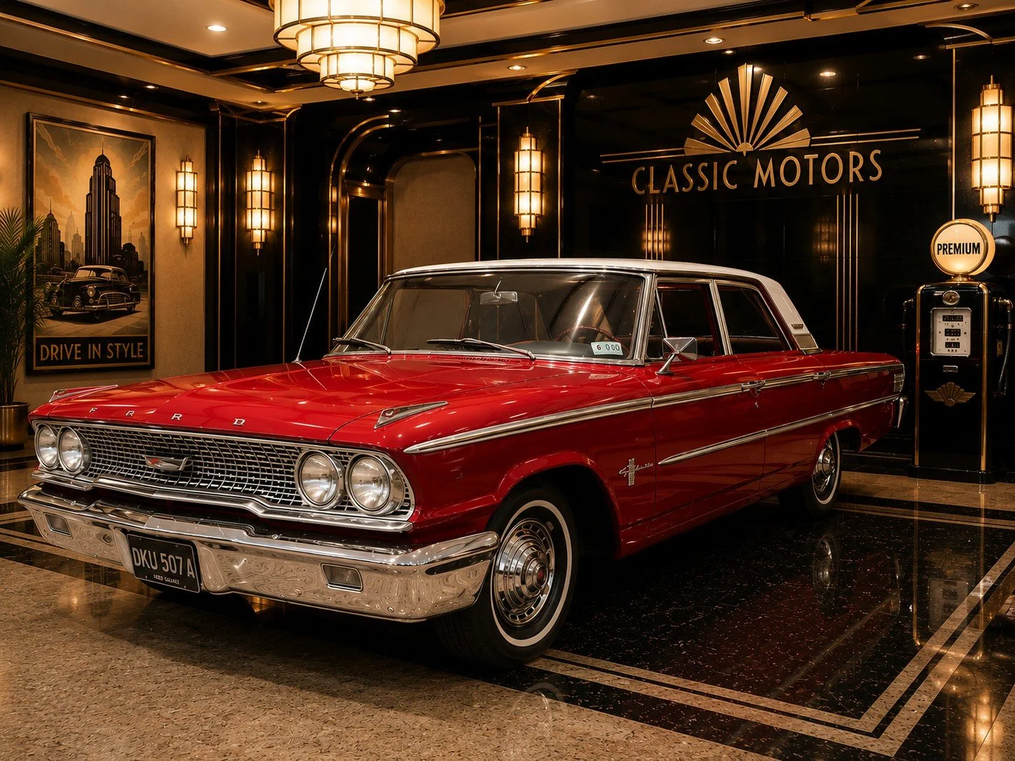 A vintage red Ford car displayed inside a luxurious showroom with black and gold decor, a sign reading 'Classic Motors,' and a vintage gas pump in the background.
