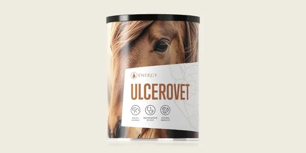 Container of UlceroVet horse supplement with a horse's face on the label.