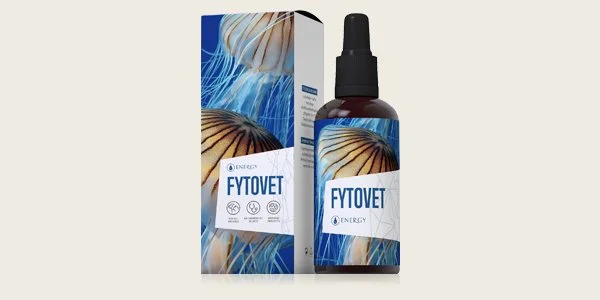 A brown bottle with a dropper cap next to a box, both labeled FYTOVET, featuring an image of jellyfish and water waves.