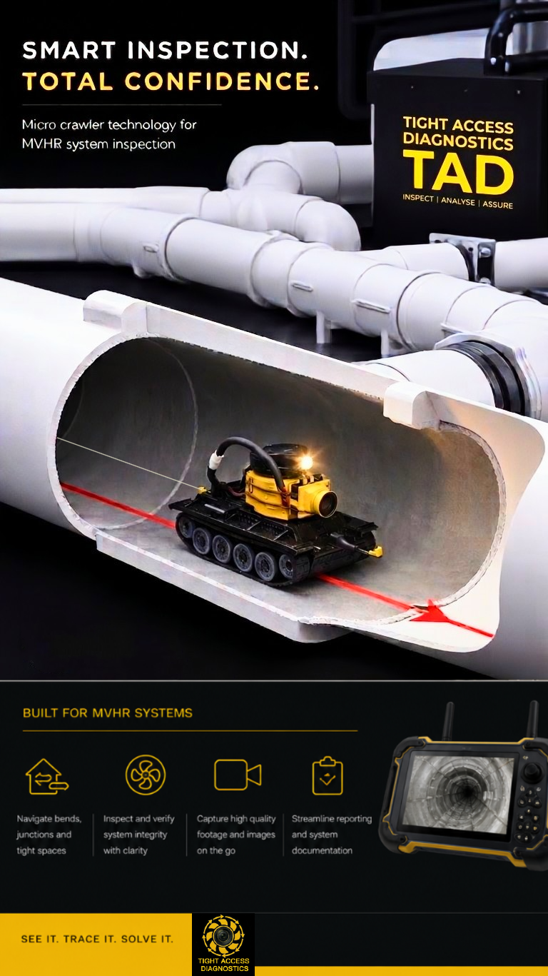A pipe with a miniature tank inside, connected to a portable diagnostic device, illustrating the use of micro crawler technology for system inspection and diagnostics in MVHR systems.
