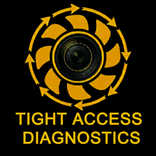 Logo for TIGHT ACCESS DIAGNOSTICS featuring a camera lens surrounded by yellow arrows forming a circular pattern on a black background, with the company name in yellow text at the bottom.