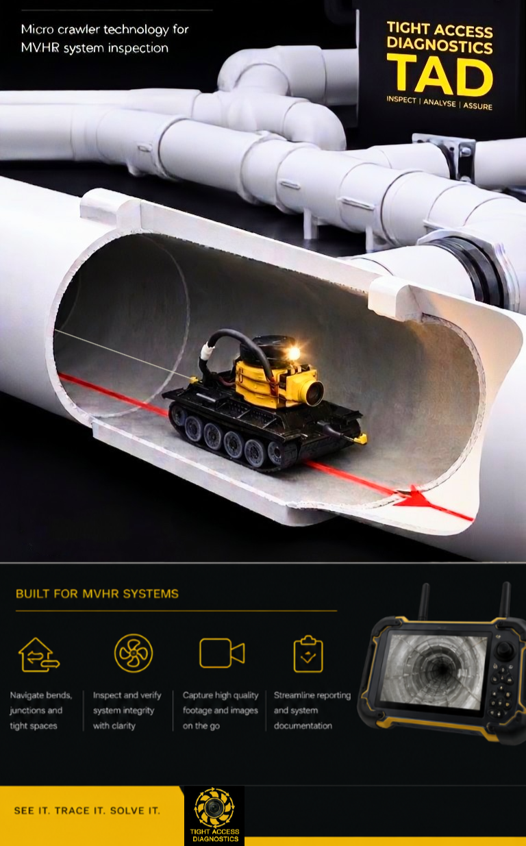 Close-up of a pipeline inspection device, a small robot with tank tracks inside a pipe, with pipes and drainage system in the background. The image features an advertisement for Tight Access Diagnostics TAD, a system for inspecting and analyzing pipelines.