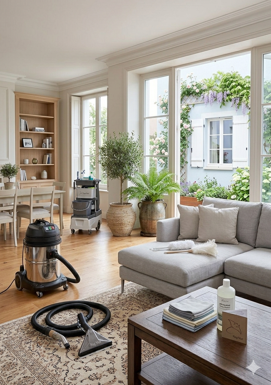 Un salon lumineux avec un canapé gris, une table en bois, plusieurs plantes en pot, des fenêtres grandes laissant entrer beaucoup de lumière, et un équipement de nettoyage, dont un aspirateur et un nettoyeur à vapeur.