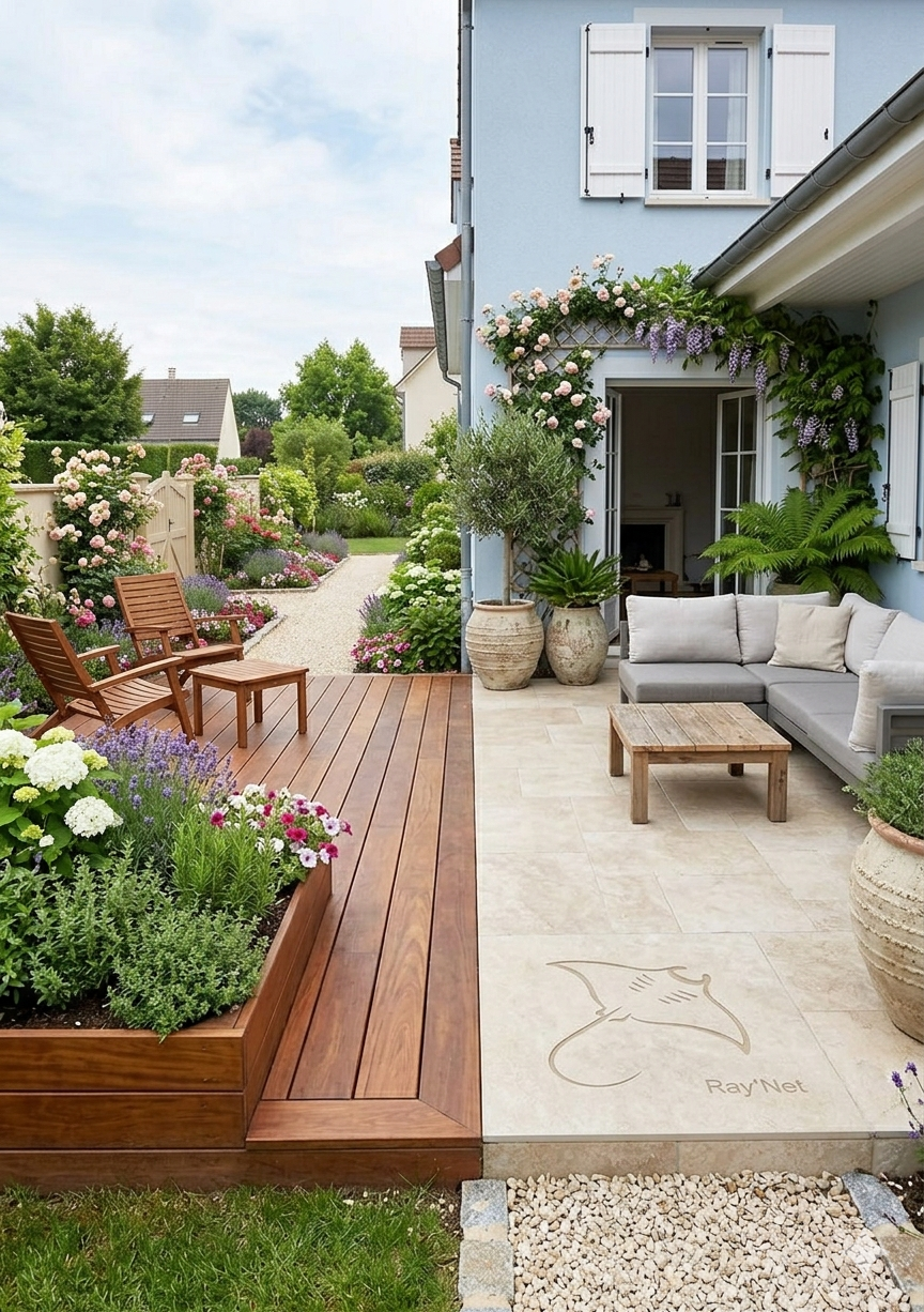Photo montrant deux aménagements extérieurs adjacents : une terrasse en bois avec des chaises en bois et un espace de jardin coloré, et un autre espace pavé avec un canapé en tissu gris, des pots de fleurs et une végétation luxuriante