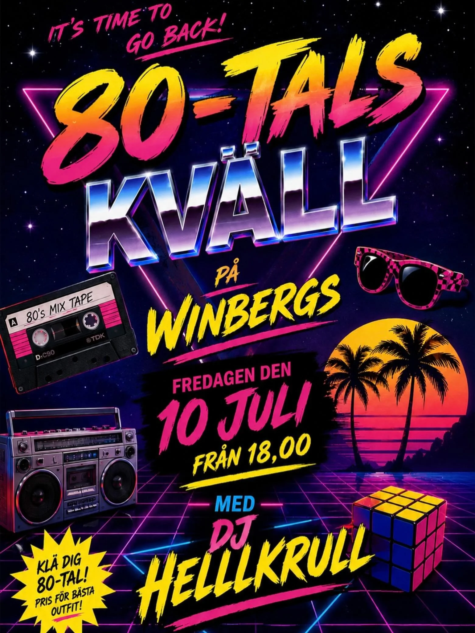 &Auml;ntligen s&aring; blir det ett hejdundrandes 80-tals party p&aring; Winbergs!🕺🌴🎉
P&aring; med danspjucken! DJ Hellkrull spelar gamla discohits! Baren fixar smarriga drinkar!🍹🎉🌴 Kom och dansa loss med oss! 💕-ligt v&auml;lkomna!