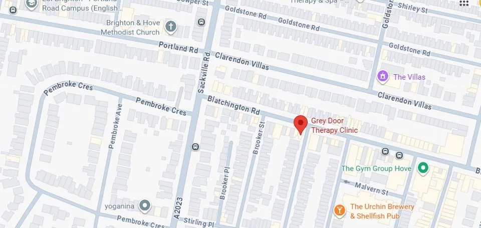 Map showing streets and landmarks in the area, including Grey Door Therapy Clinic, The Villas, The Gym Group Hove, and The Urchin Brewery & Shellfish Pub.