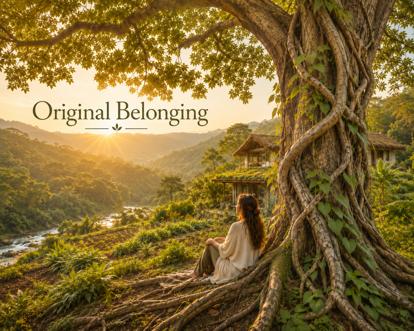 Original Belonging. Gretchen Martens. Picture of a woman under a tree looking out over a valley.