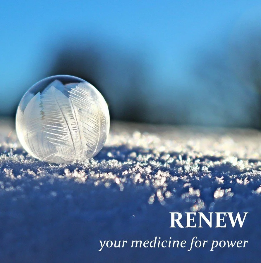 Renew: A picture of snowy globe and the words renew—your medicine for power, referring to the step of renewal in the Storywork Alchemy process of Reclamation