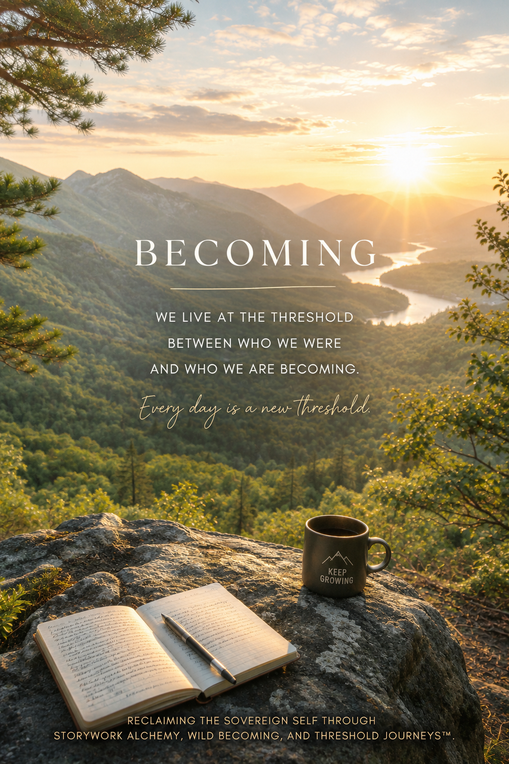 A forest image describing becoming as a threshold explored through The Glass Cradle™, The Sovereign Self, Reclamation, Storywork, Wild Becoming, Nature & Threshold Journeys™, and Kinship