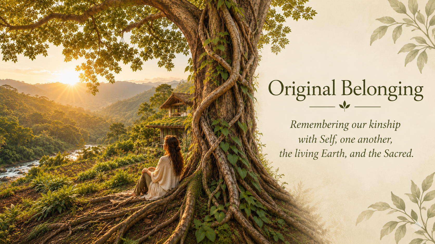 Original Belonging. Gretchen Martens. Hero banner with picture of woman sitting under a tree staring out over a valley and the words: Original Belonging--Remembering our kinship with Self, one another, the living Earth, and the Sacre