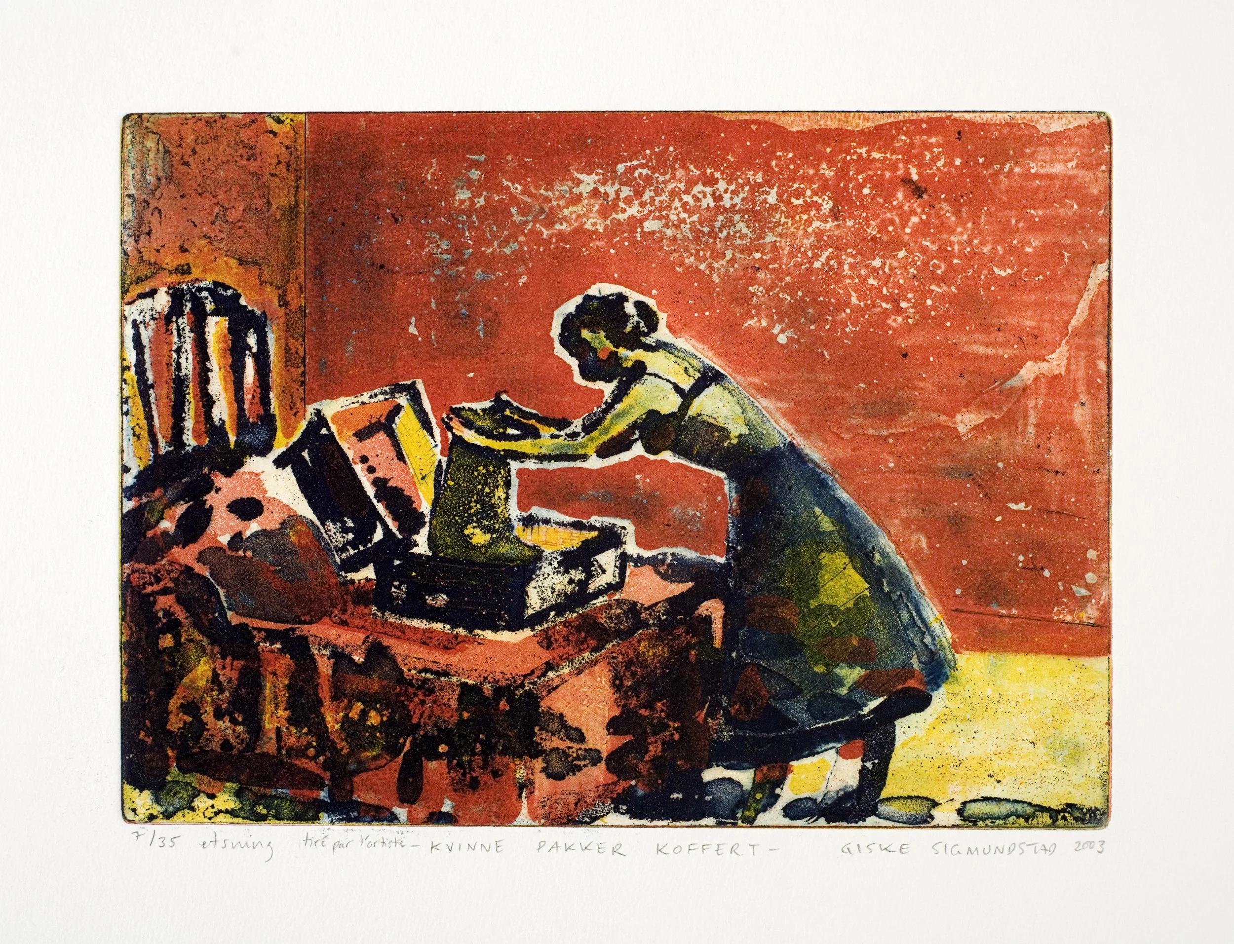 Kvinne Pakker Koffert:Woman Packing Suitcase - etching, 2003, 20x27cm.jpg