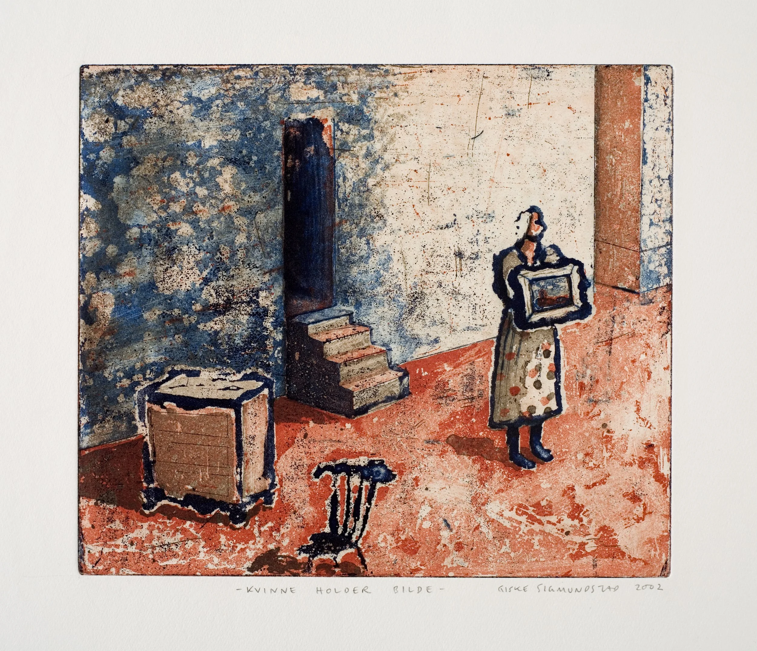 Kvinne holder bilde:Woman Holding a Picture - etching, 2002, 24x28cm.jpg