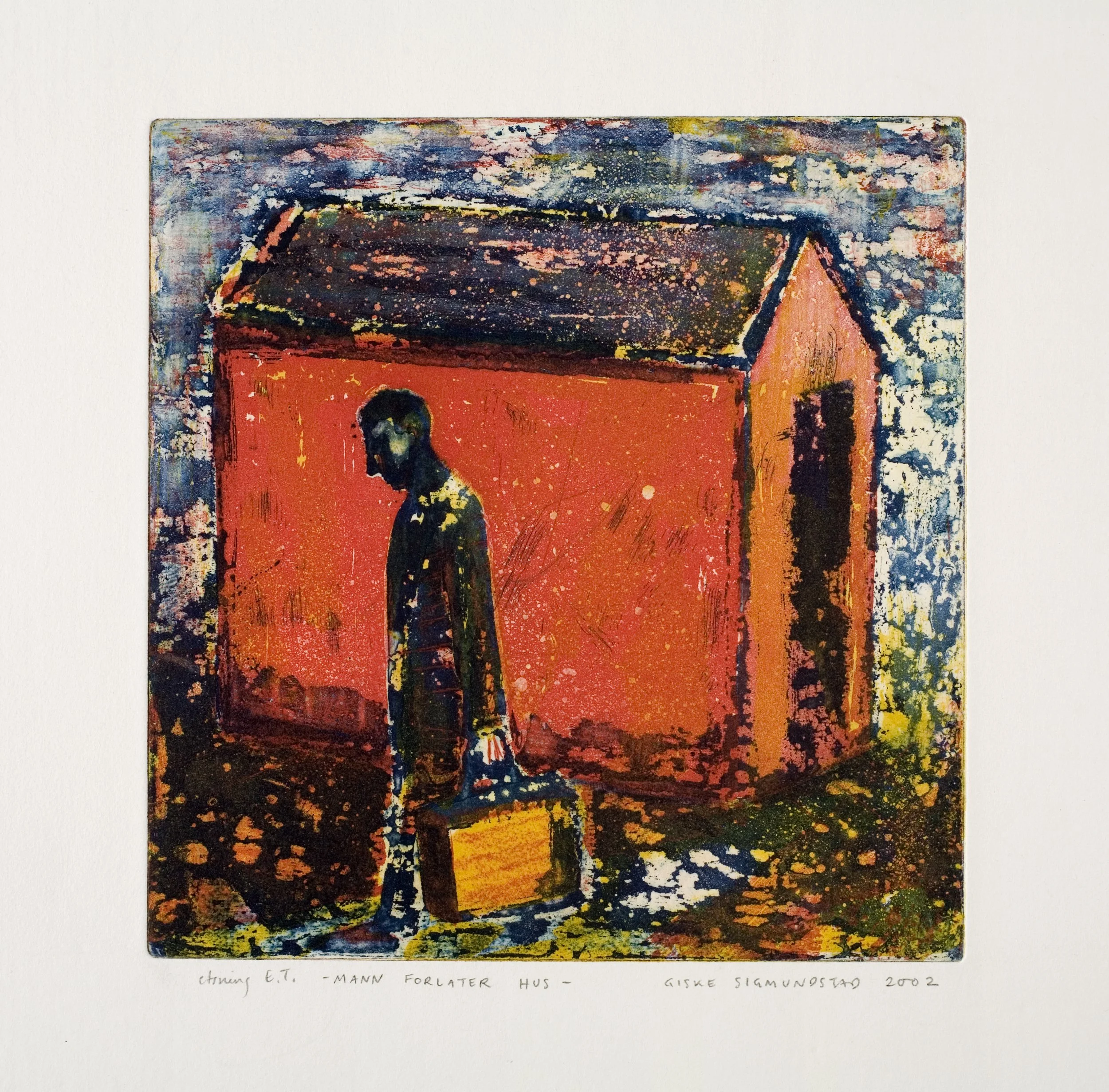 Mann forlater hus:Man Leaving House - etching, 2002, 24x24.jpg