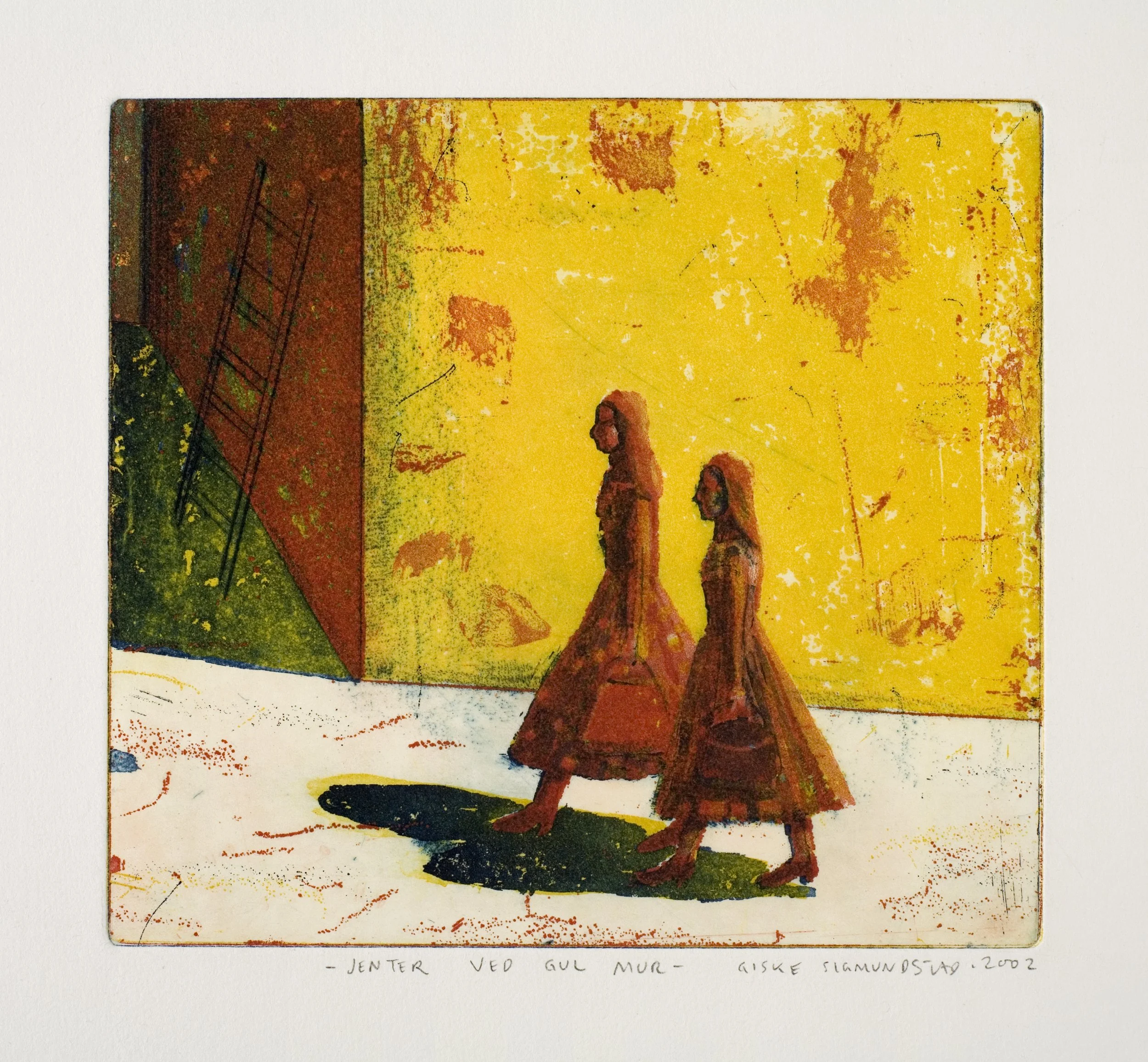 Jenter ved gul mur:Girls by Yellow Wall - etching, 2002, 17x19cm.jpg