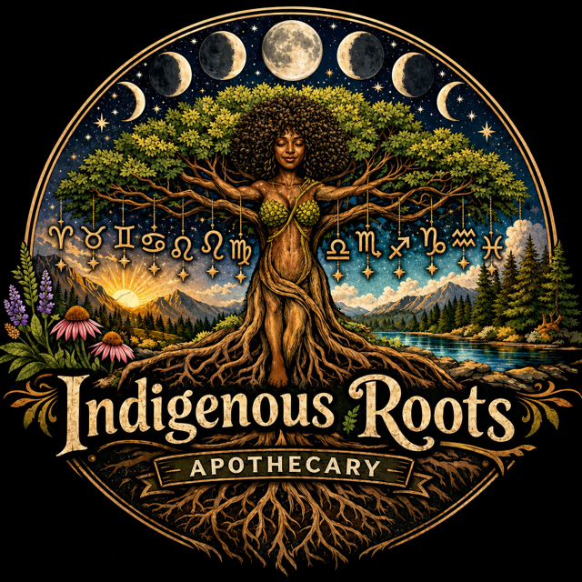 A woman with curly hair integrated into a large tree with green leaves and roots extending downward. Above her are phases of the moon and stars in a night sky. The scene includes mountains, a river, flowers, and trees. The text reads "Indigenous Roots Apothecary."