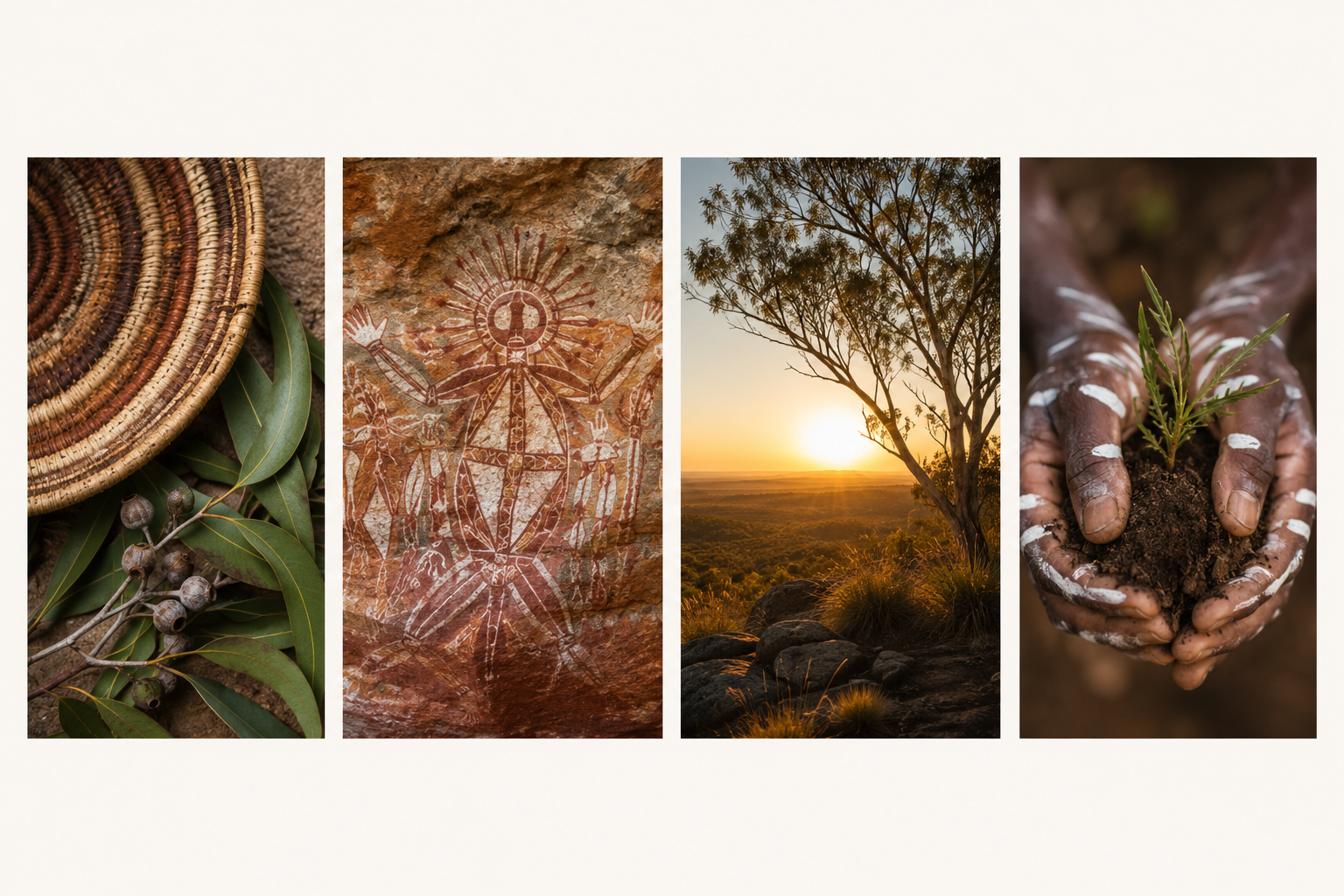Four vertical images depicting indigenous Australian culture and nature: first, leaves and native berries; second, traditional Indigenous rock art of human figures; third, a sunset over a bush landscape with a tree; fourth, hands planting a seedling in soil.