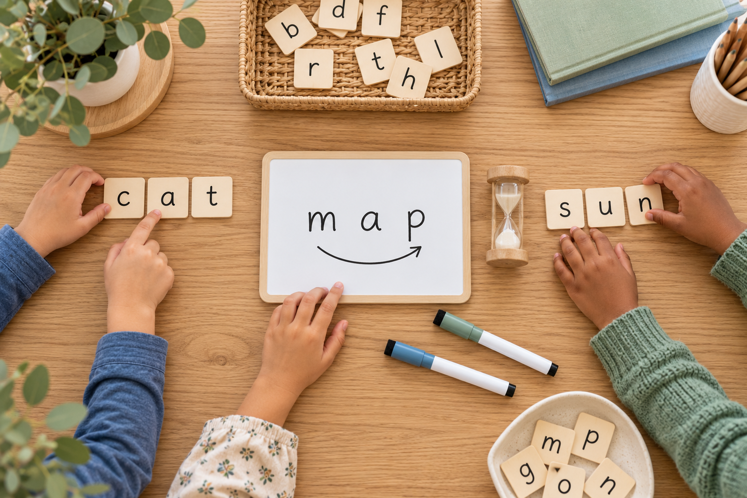 Children arranging letter tiles to spell 'cat' and 'sun' on a wooden table, with a whiteboard displaying the word 'map' and an arrow, markers, a small hourglass, and organized books and plants in the background.