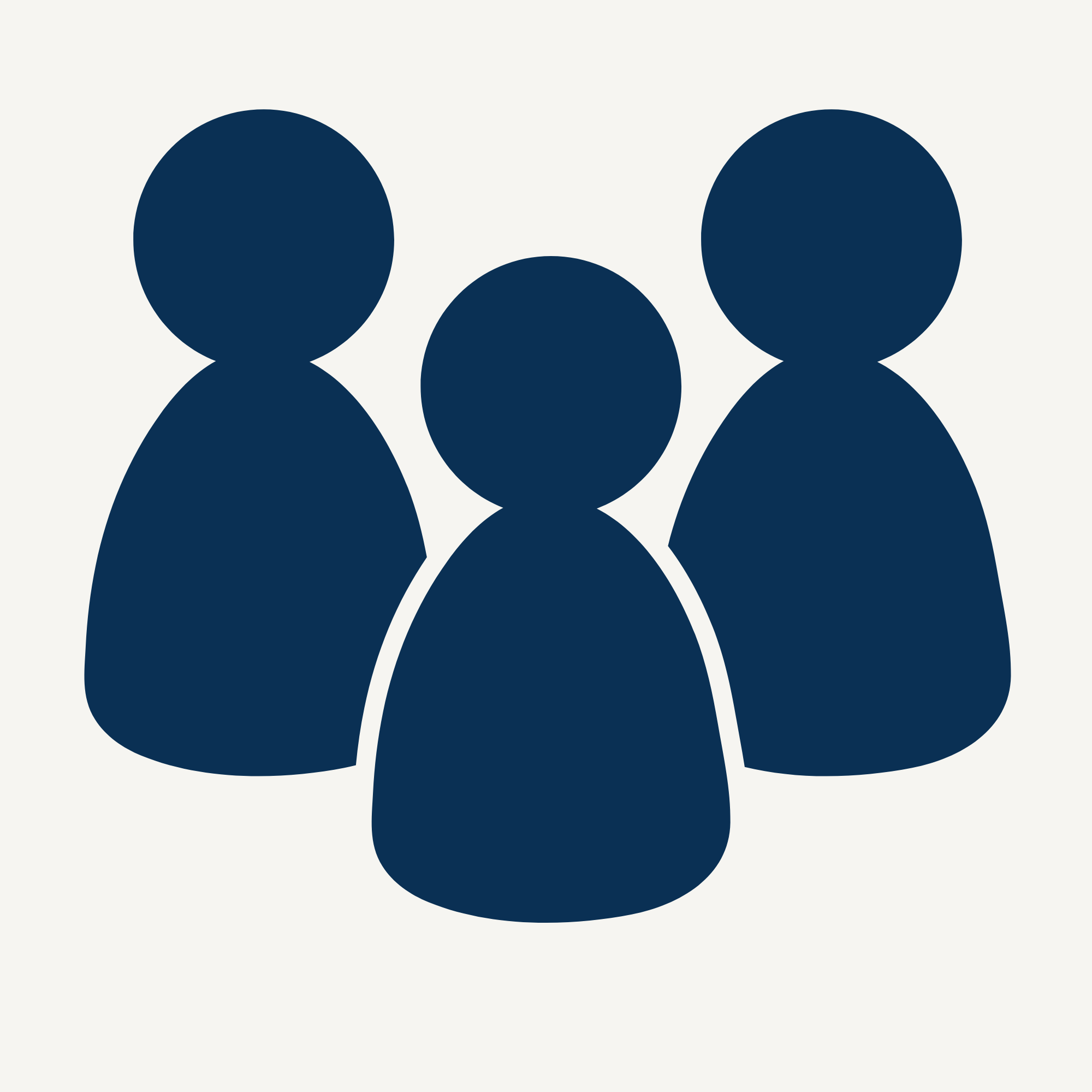 Simple illustration of three stylized human figures with rounded heads and shoulders, colored dark blue, overlapping slightly, against a light background.