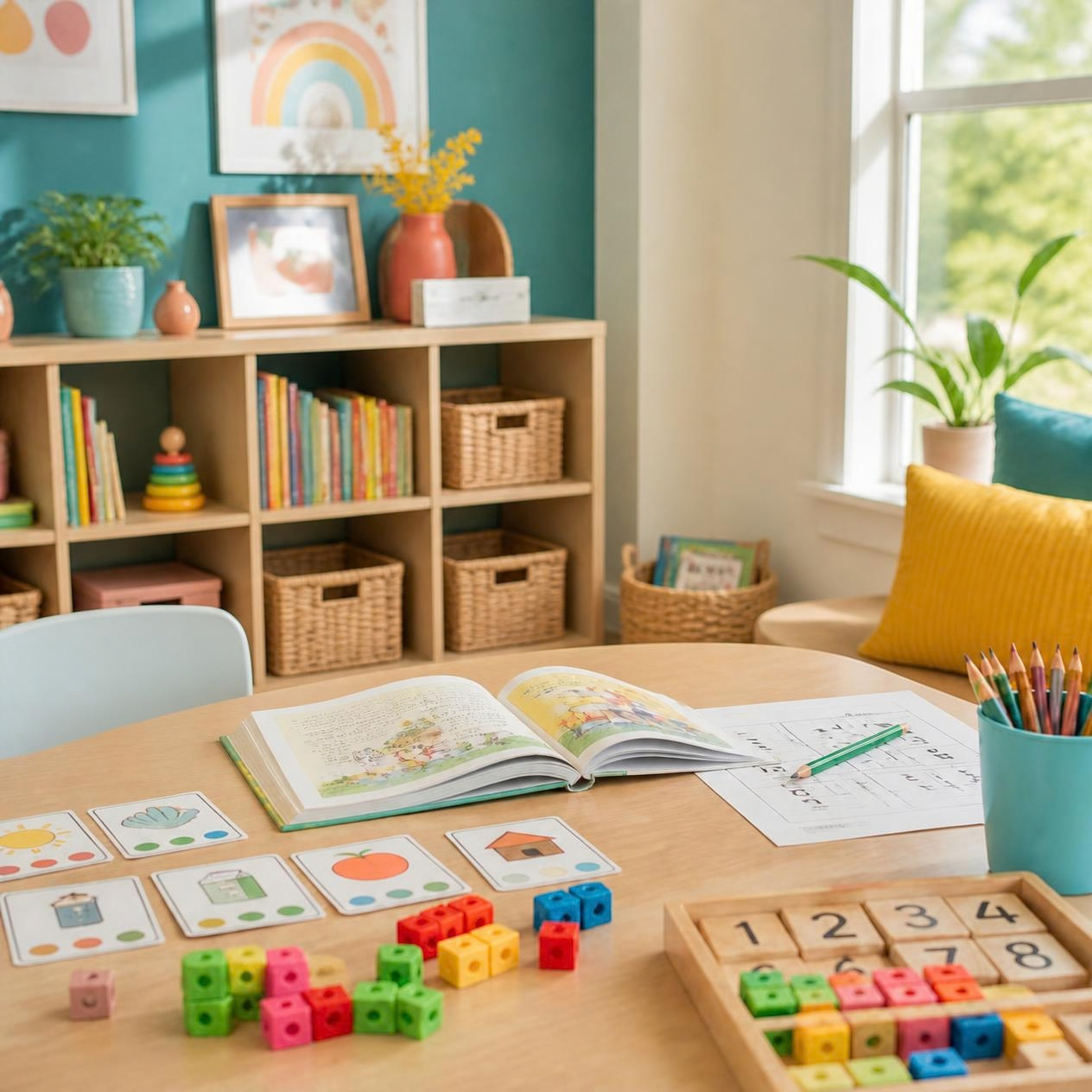 A colorful classroom with educational materials on the table, a bookshelf with books and baskets, children's artwork on the wall, and a window with greenery outside.