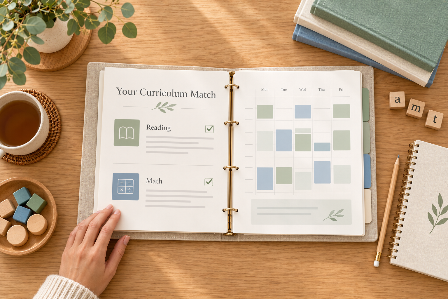 Open planner with a schedule and checklist for reading and math, surrounded by a notebook, wooden blocks spelling 'amt,' a cup of tea, teacup coaster, potted plant, and other books on a wooden desk.
