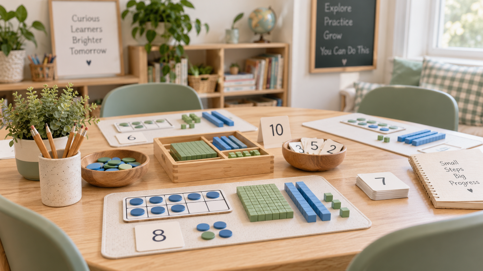 A classroom or therapy room with Montessori-style educational materials on a wooden table, including counters, tiles, and number cards, surrounded by potted plants, a chalkboard with motivational messages, bookshelves, and a window with sunlight.
