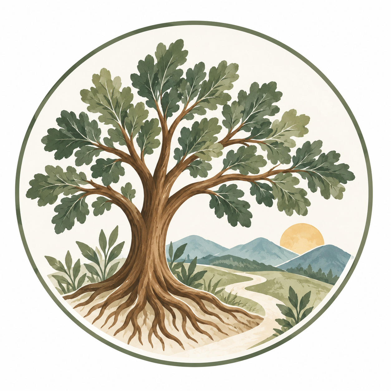 Illustration of a large tree with green leaves on a landscape with mountains and a setting sun.