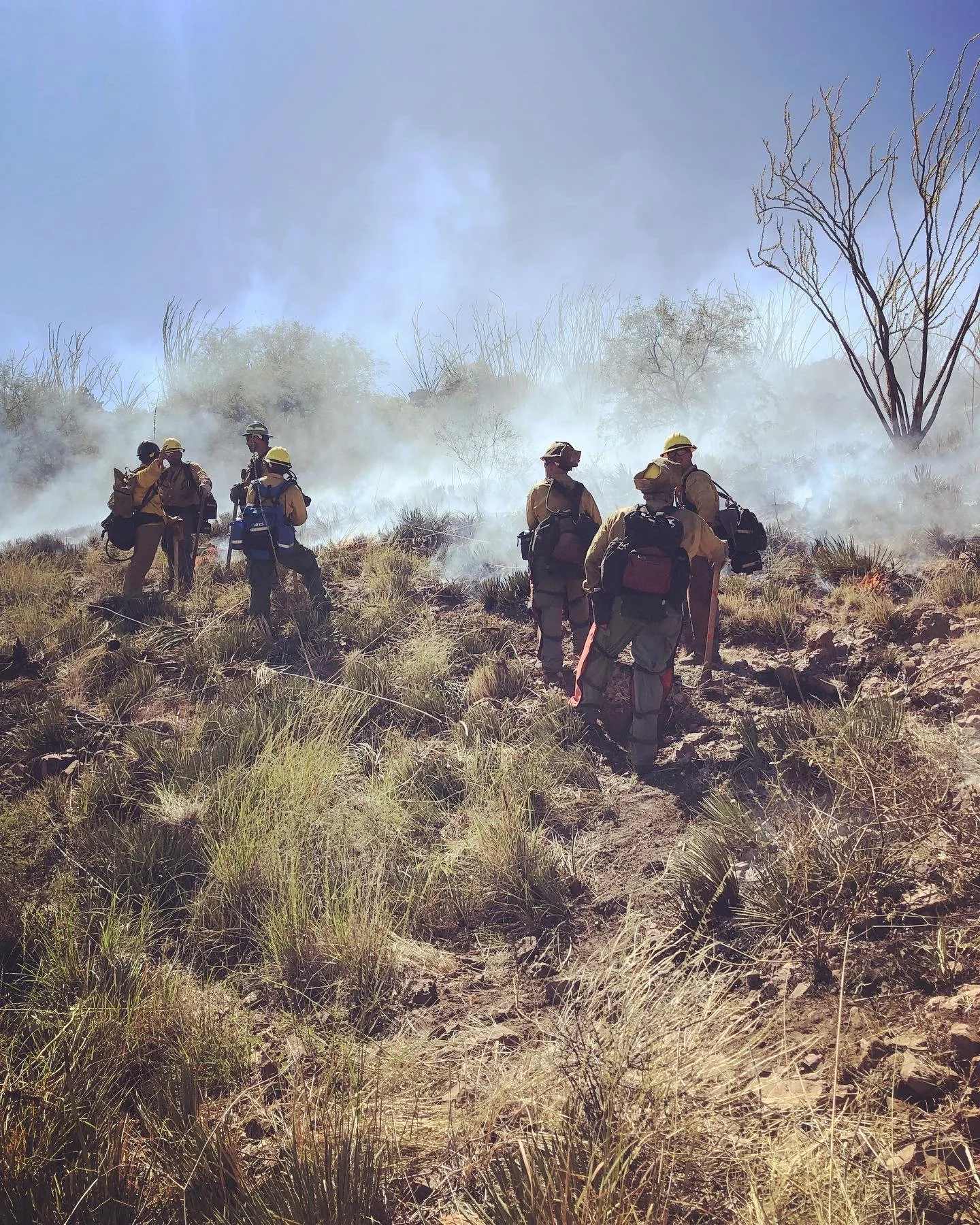 Firefighters in protective gear working to control a wildfire in a grassy, dry landscape with smoke in the background.