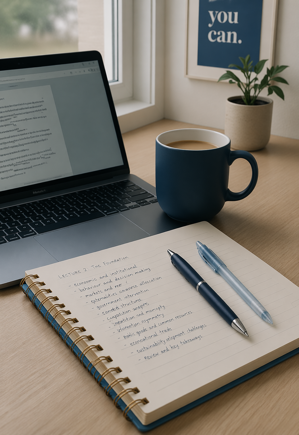 A workspace with a laptop, a notebook titled "Lecture 2: The Foundation" with handwritten notes, a blue mug of coffee, a pen, a clear pen, a potted plant, and a framed quote on the wall that says "you can."