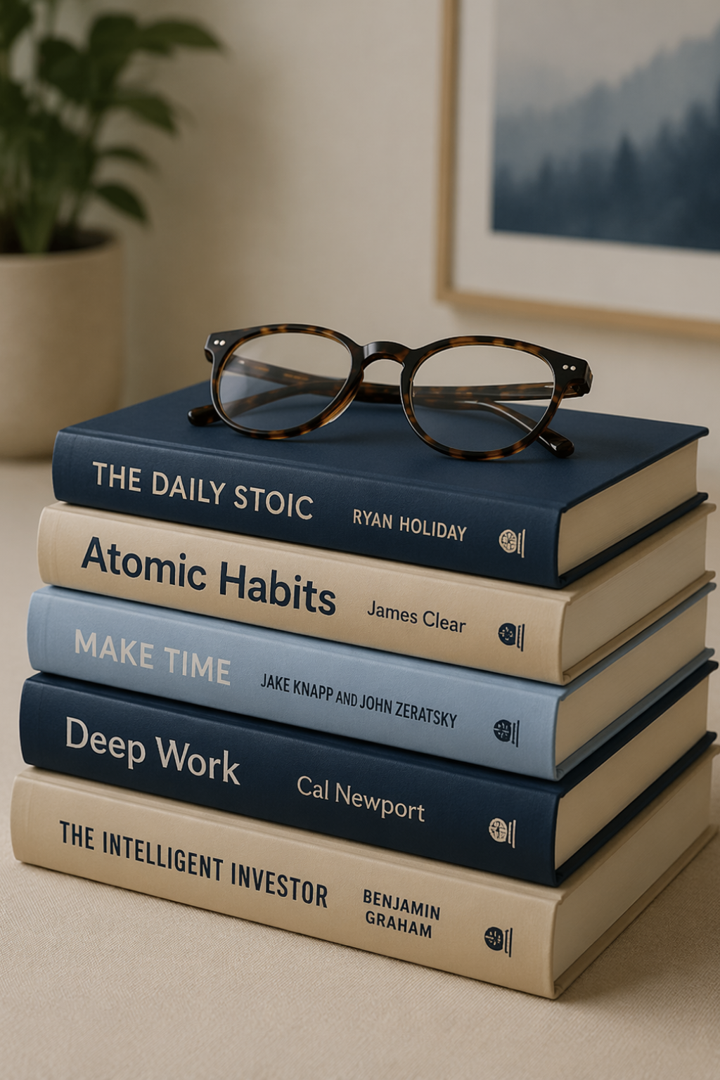 Stack of five hardcover books with glasses resting on top, located on a beige surface with a plant and framed picture in the background.
