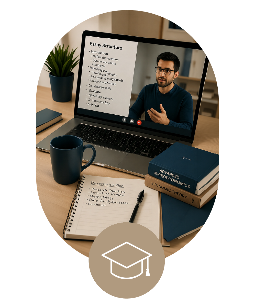 A Dubai based student appears on a video call on a laptop, with a presentation slide titled 'Essay Structure' visible on the screen. The desk includes a notebook, pen, blue coffee mug, and several books on GCSE economics and research methods.
