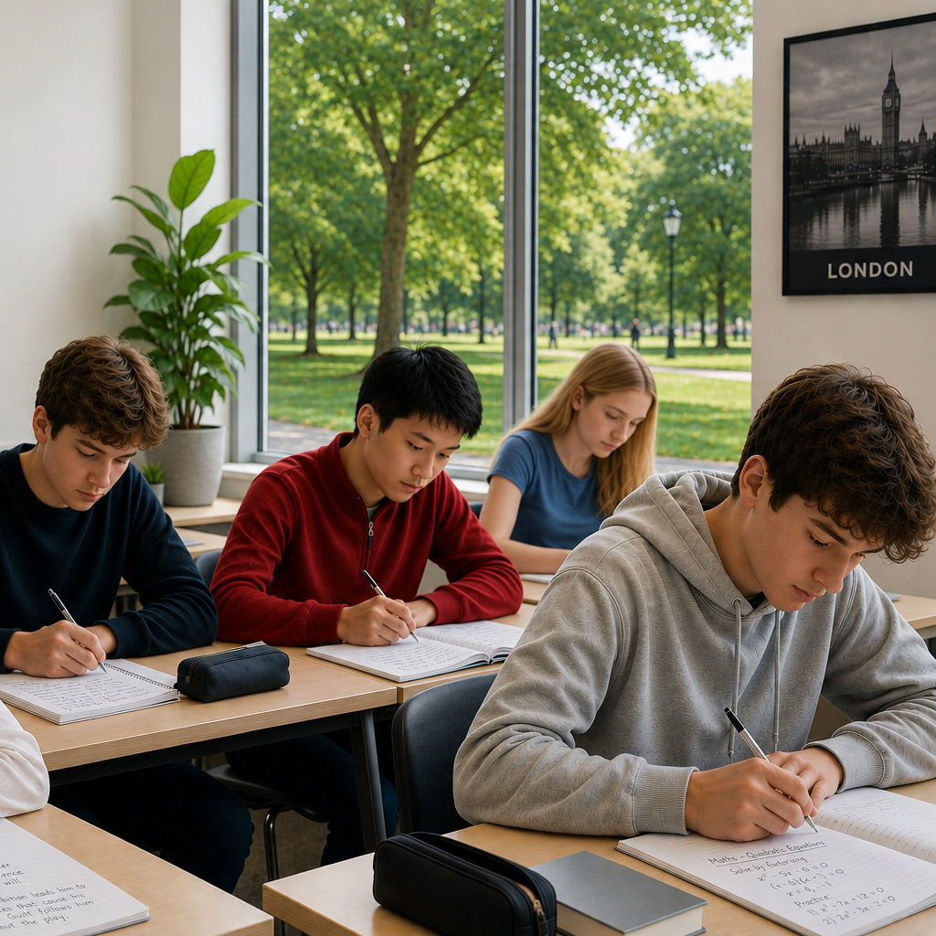 Students studying A level Economics and taking notes in a classroom with a large window showing a South West London park and trees outside.