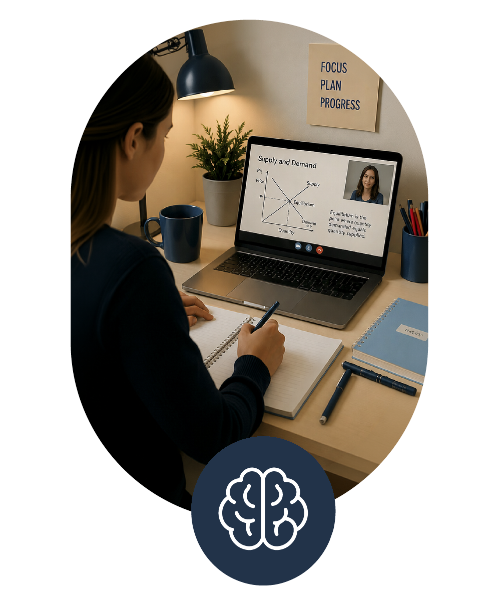 A  student participates in a video conference on her laptop, which displays a presentation about A level economics supply and demand, with a graph. This is an online tutoring session. A sign on the wall reads 'Focus Plan Progress.'