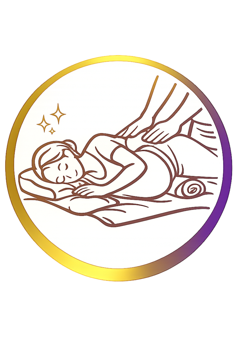 Illustration of a person receiving a massage while lying on their side, with hands applying pressure to their back, in a circular design with a gold border.