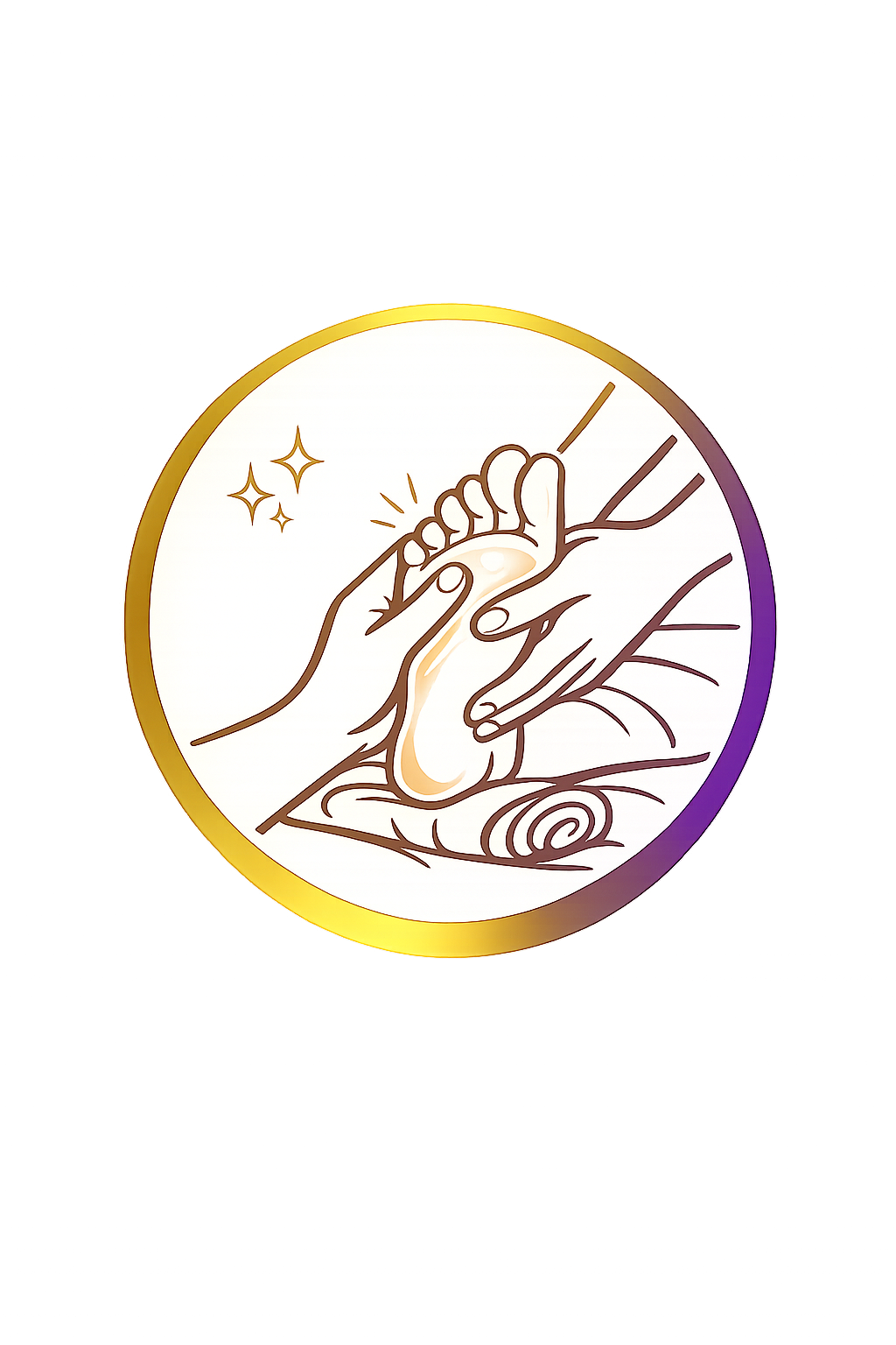 Illustration of two hands, one small and one large, holding each other in a gesture of care, with sparkles nearby, enclosed in a circular gold border against a background of colorful lights.