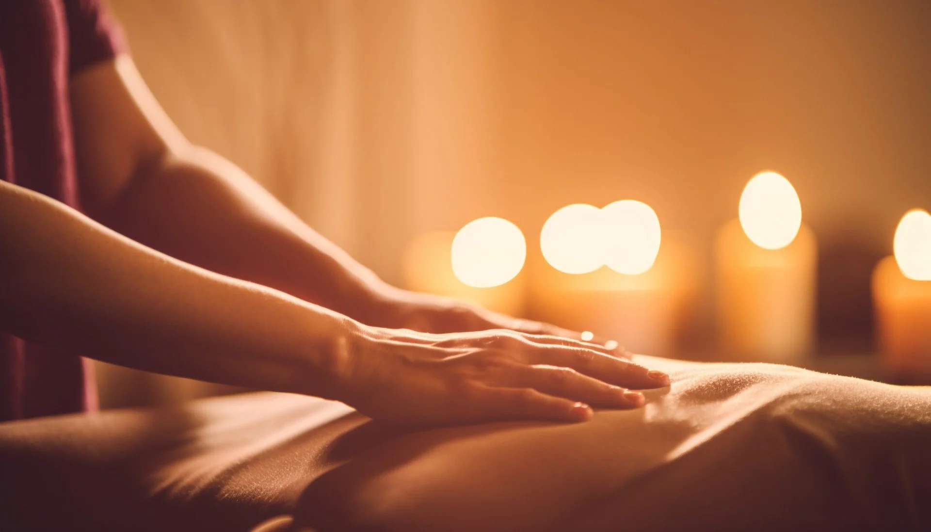 Close-up of a person’s hands and arms resting on a surface, with candles in the background creating a warm, soft glow.