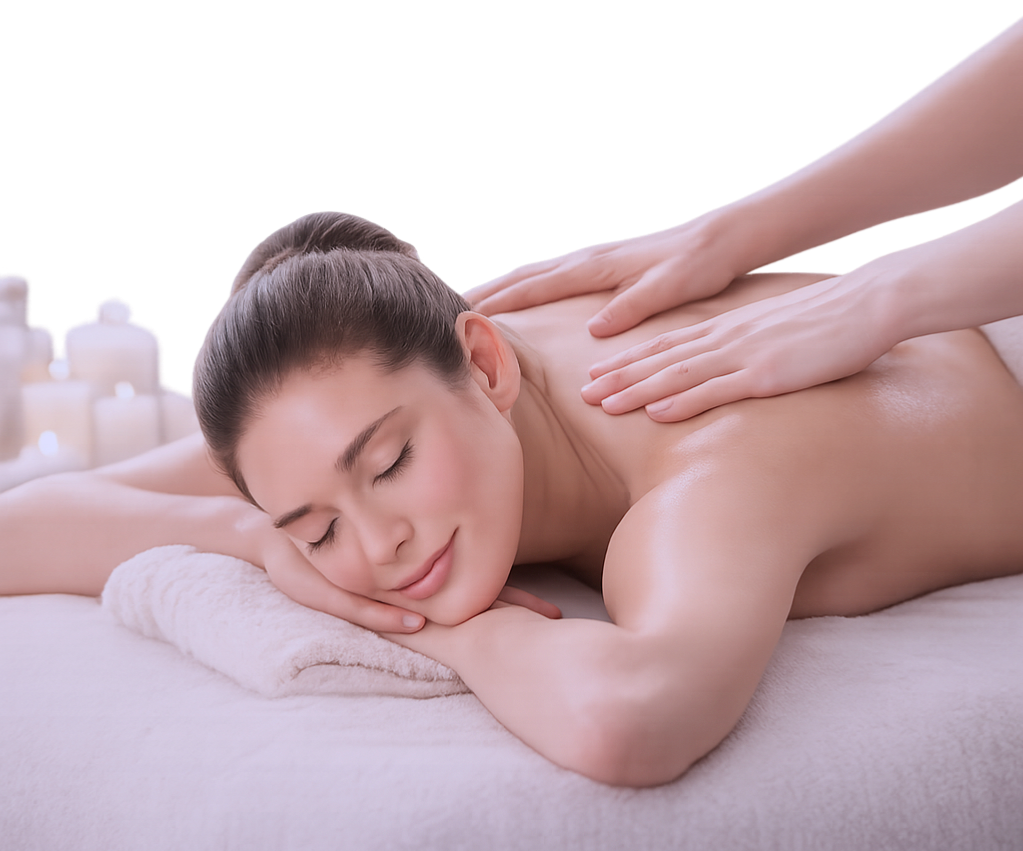 Woman lying on stomach receiving a massage in a spa setting with candles in the background.