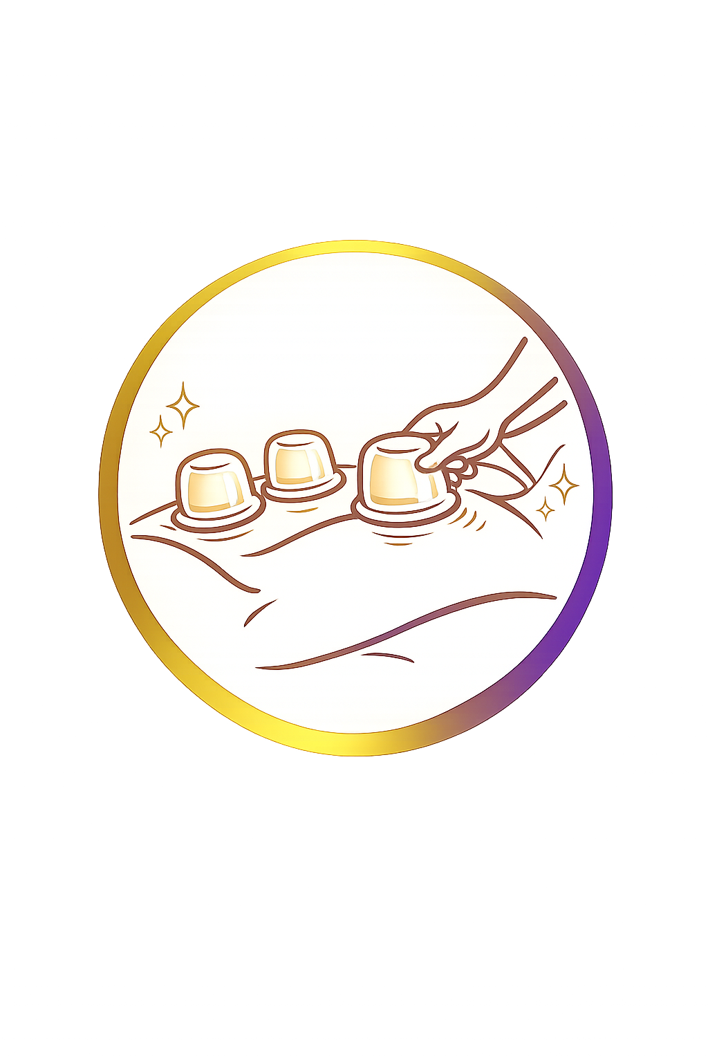 Illustration of four cups being prepared with a hand, surrounded by sparkles, in a circular frame with a glowing yellow border.