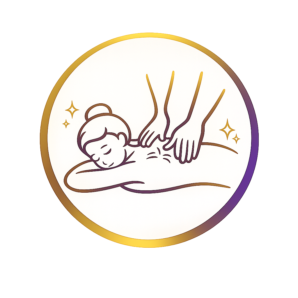 Line drawing of a woman receiving a massage on her back, with her eyes closed and a gentle smile, in a circular frame that is glowing in yellow, purple, and gold.