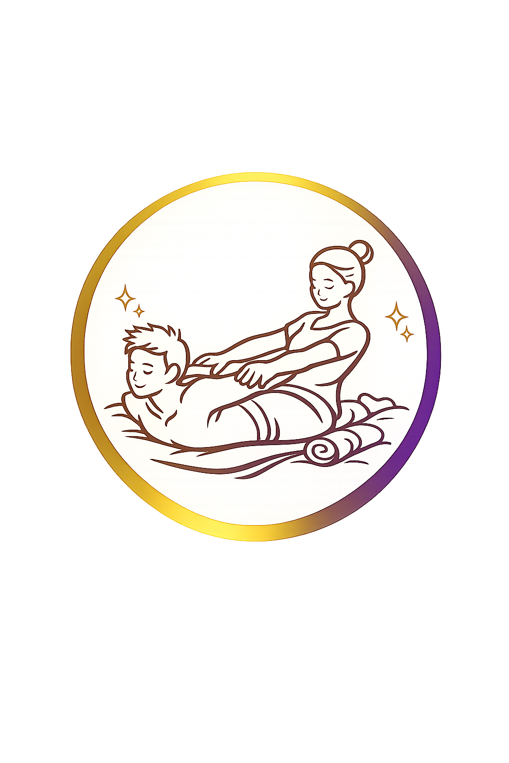 Line drawing of a woman giving a massage to a seated man, with sparkles around them, inside a circular frame with a gold border.
