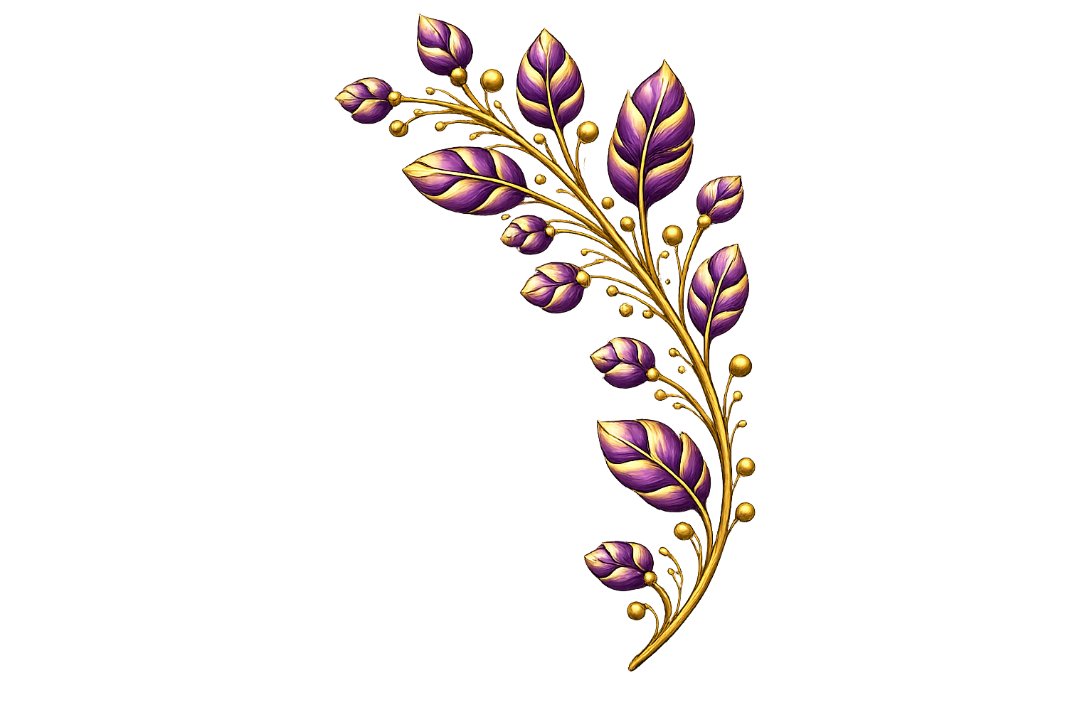 A decorative gold and purple floral motif with leaves and small round accents, presented against a black background.