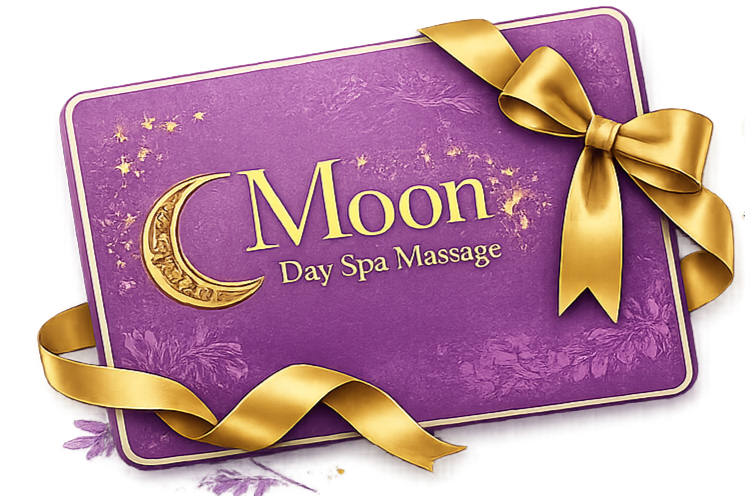 Purple gift box with gold ribbon, labeled 'Moon Day Spa Massage' with a crescent moon and stars design.